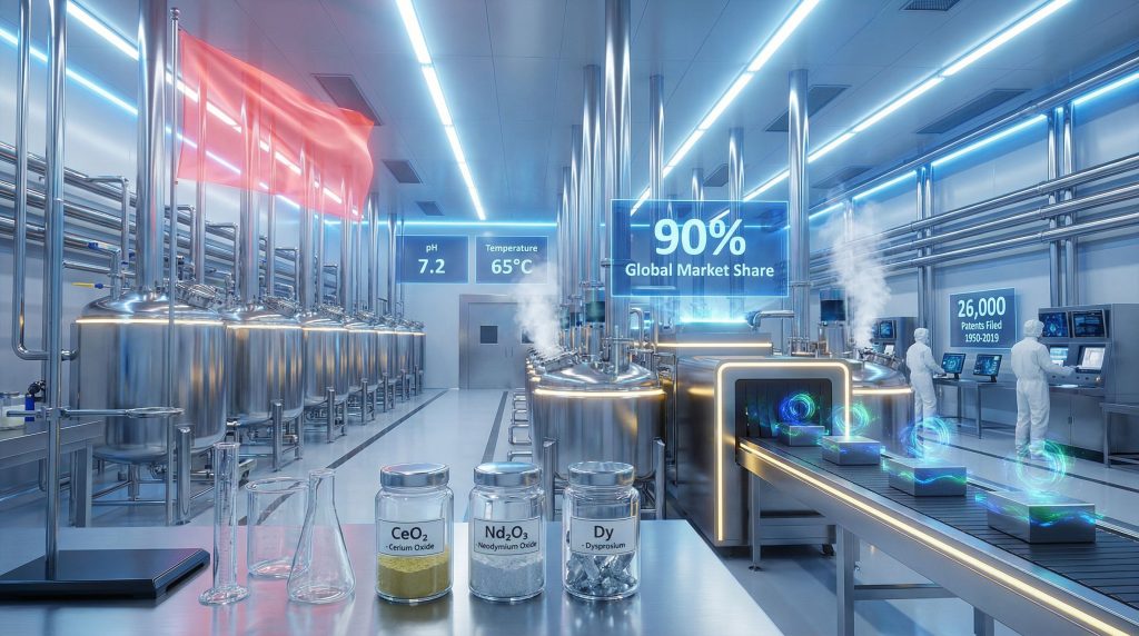 Futuristic lab showcasing China's rare earth processing advantage.