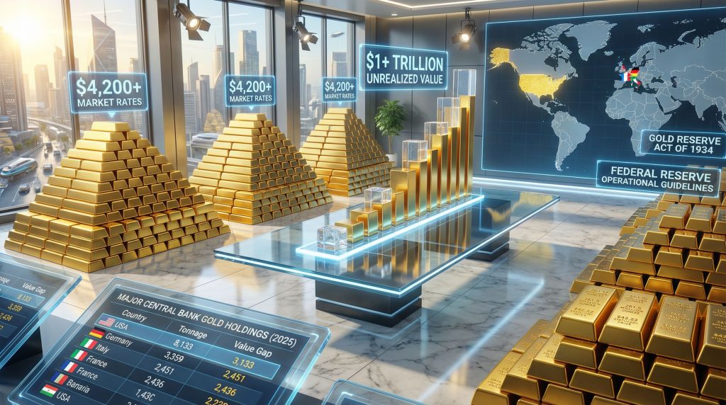 Gold revaluation strategy with futuristic displays.