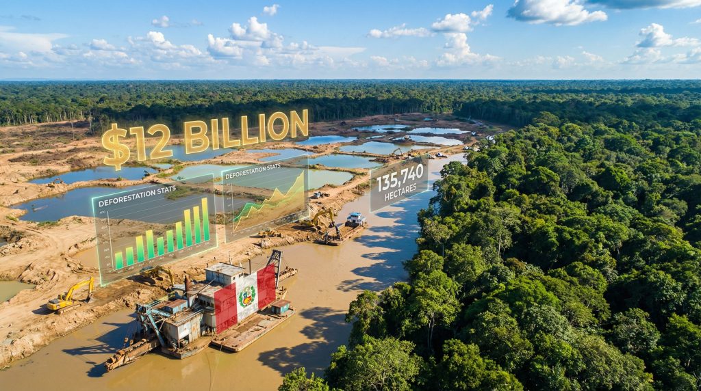 Illegal mining in Peru causes deforestation.