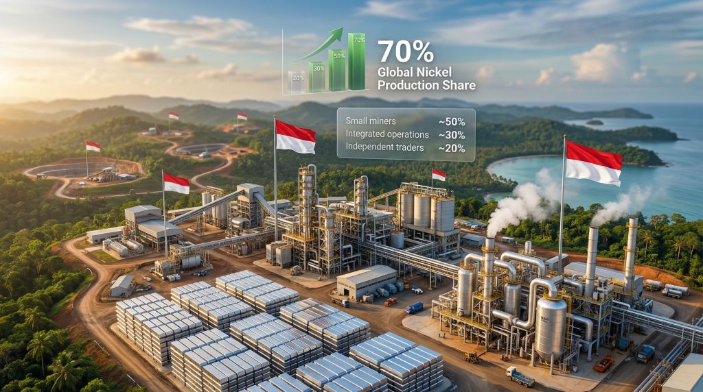 Indonesian nickel production landscape with flags.