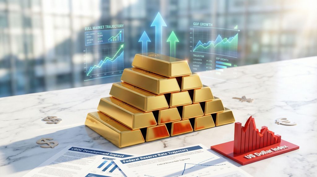 Gold bars with financial graphs and charts.