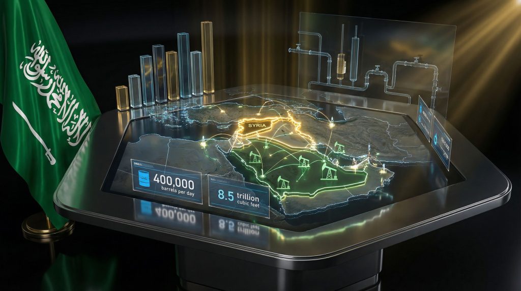 Saudi Arabia and Syria oil exploration hologram.