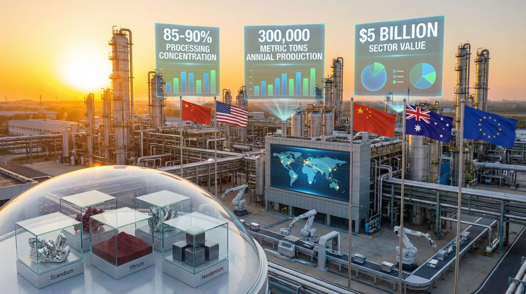 Industrial scene highlighting rare earths supply chain.