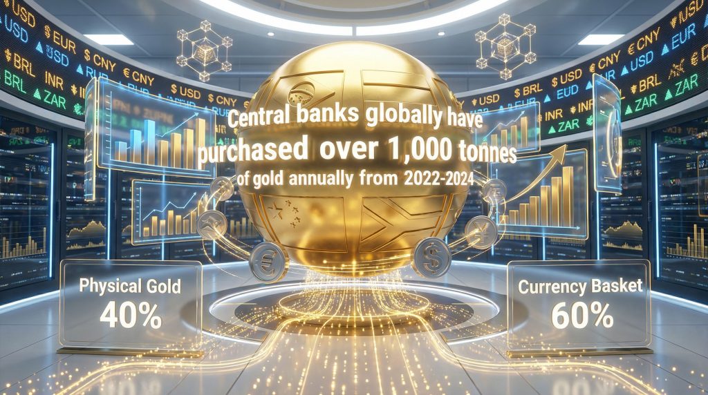 BRICS gold-backed currency concept with statistics.