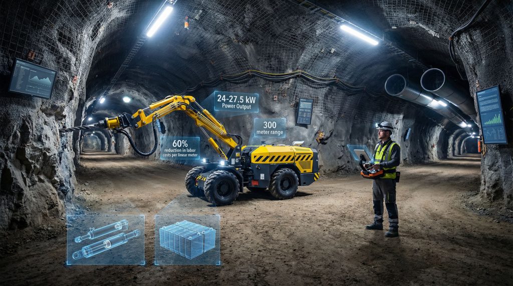 Brokk remote-controlled mining equipment in tunnel.