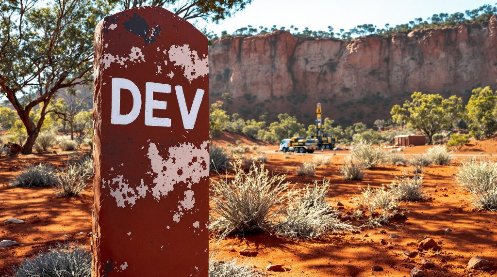 DEVEX Resources Ltd-DEV-DEV sign in red desert landscape.