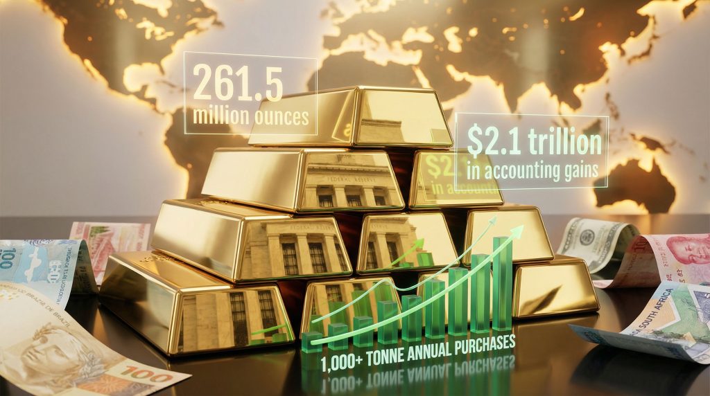 Gold bars, currency, and financial data.