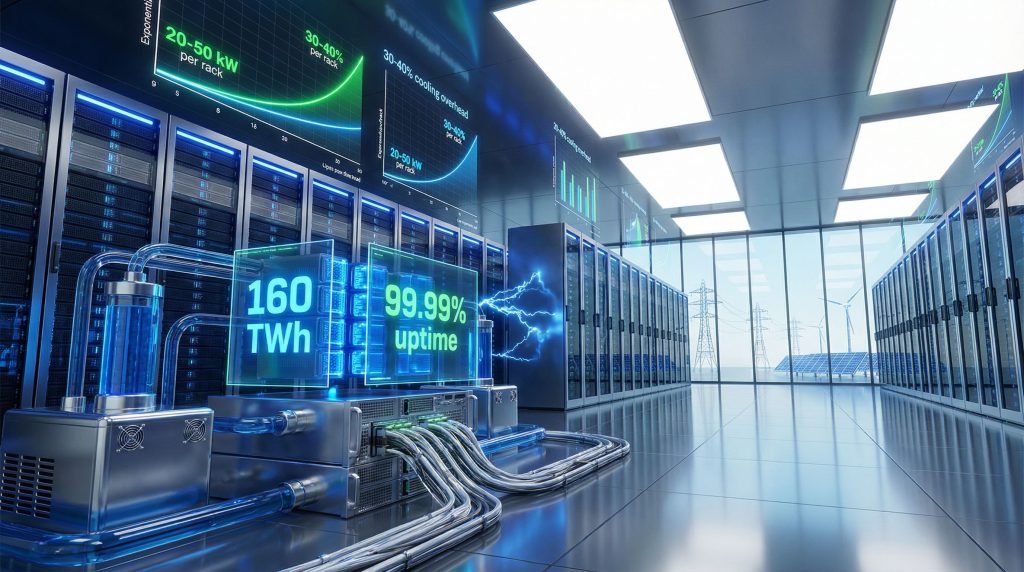 Futuristic data center showcasing power demand.