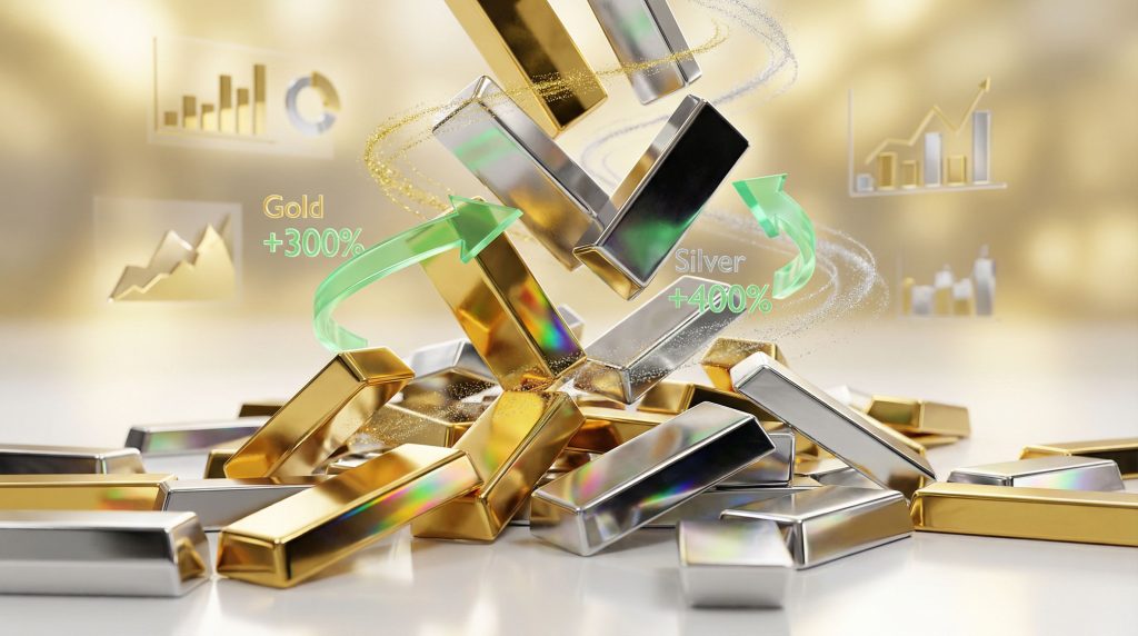 Gold and silver price surge with bars.