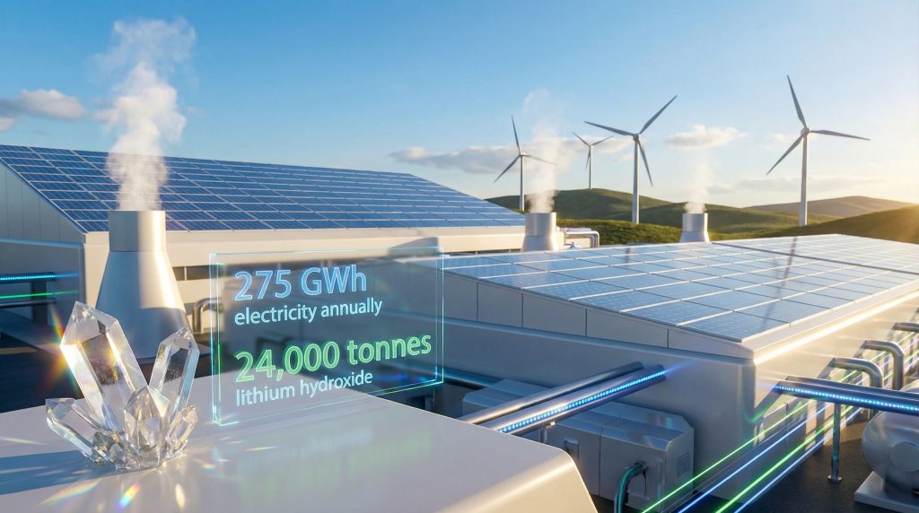 Solar panels and wind turbines near lithium plant.