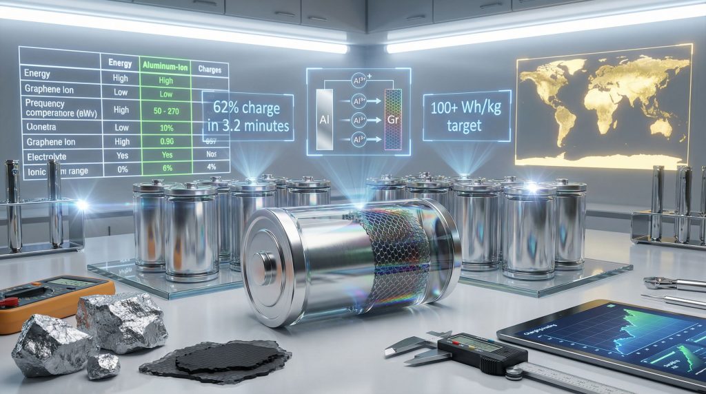 Graphene aluminum-ion battery in futuristic lab.