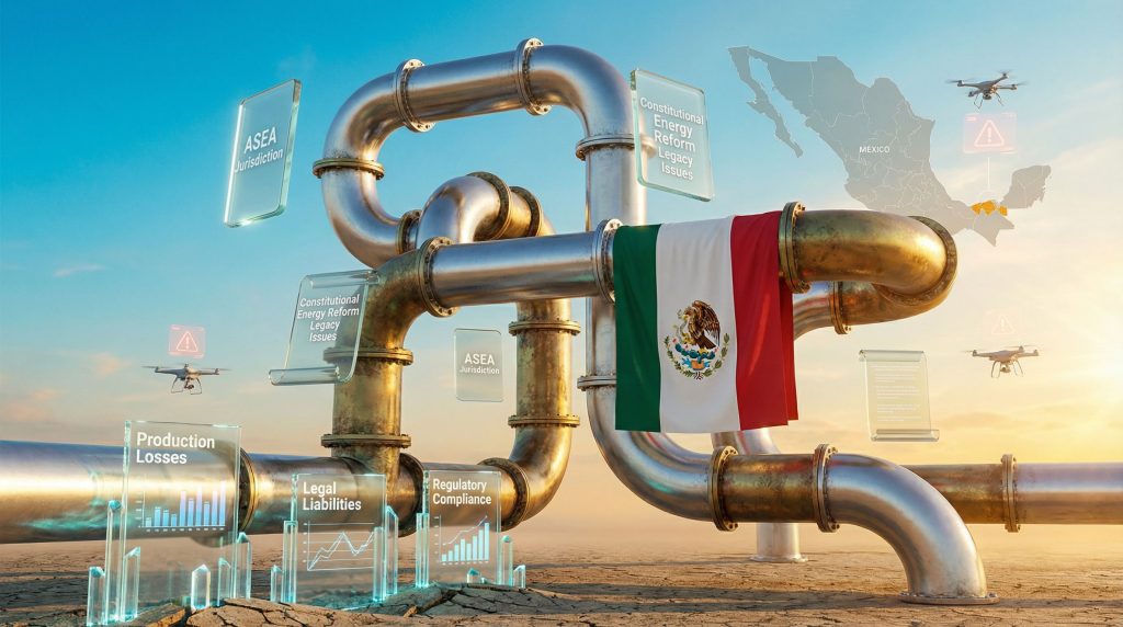 Pipeline with Mexican flag and data displays.