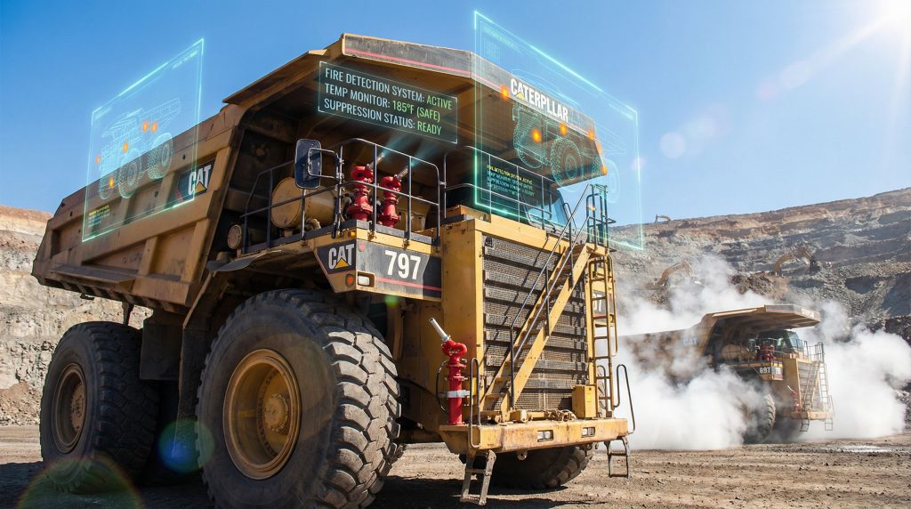 Mine truck with advanced blaze safety systems.