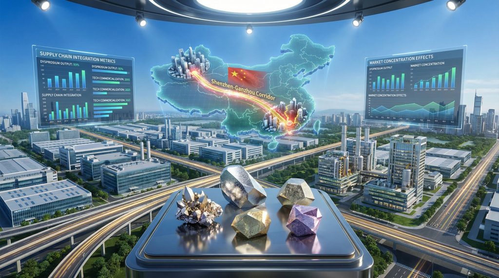 Futuristic illustration of Shenzhen Ganzhou rare earth corridor.