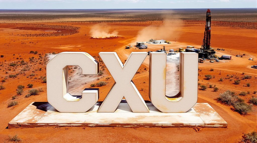 Cauldron Energy Ltd-CXU-CXU letters in desert, drilling site.