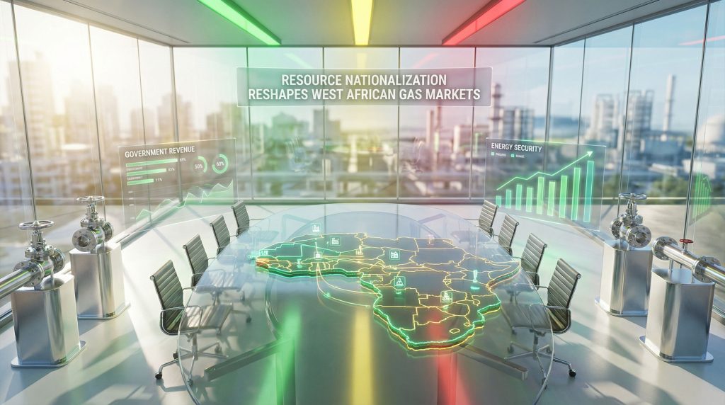 Senegal seizes Kosmos gas project, futuristic boardroom.