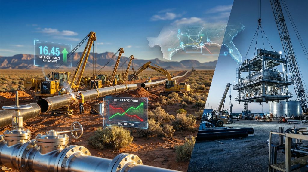Pipeline construction and LNG project suspension overview.