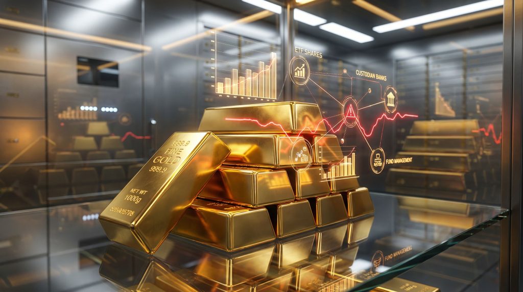 Gold ETF risks illustrated by digital graphs.