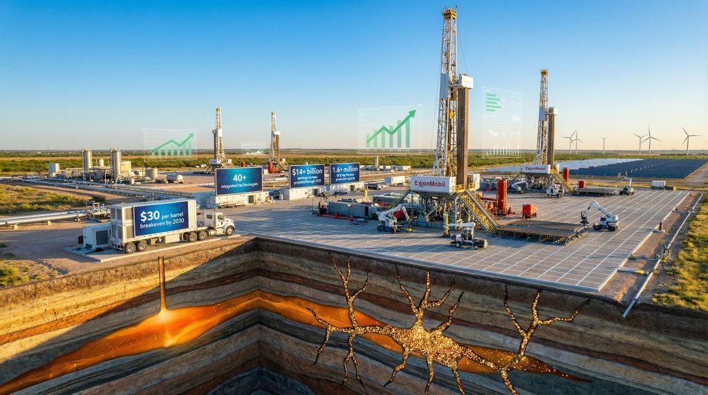 ExxonMobil drilling site with layered shale.