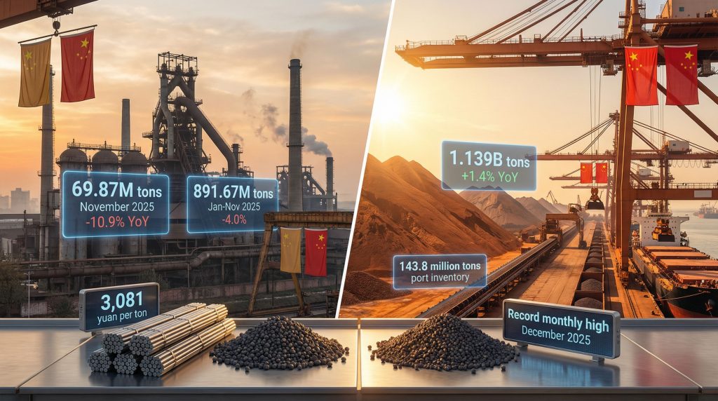 China's steel output drops, iron ore imports rise.