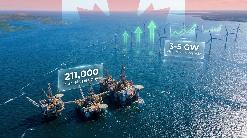 Offshore drilling platforms and wind turbines.