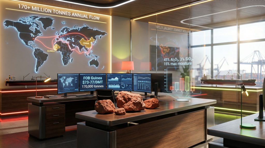 Office setup with bauxite FOB Guinea price displays.