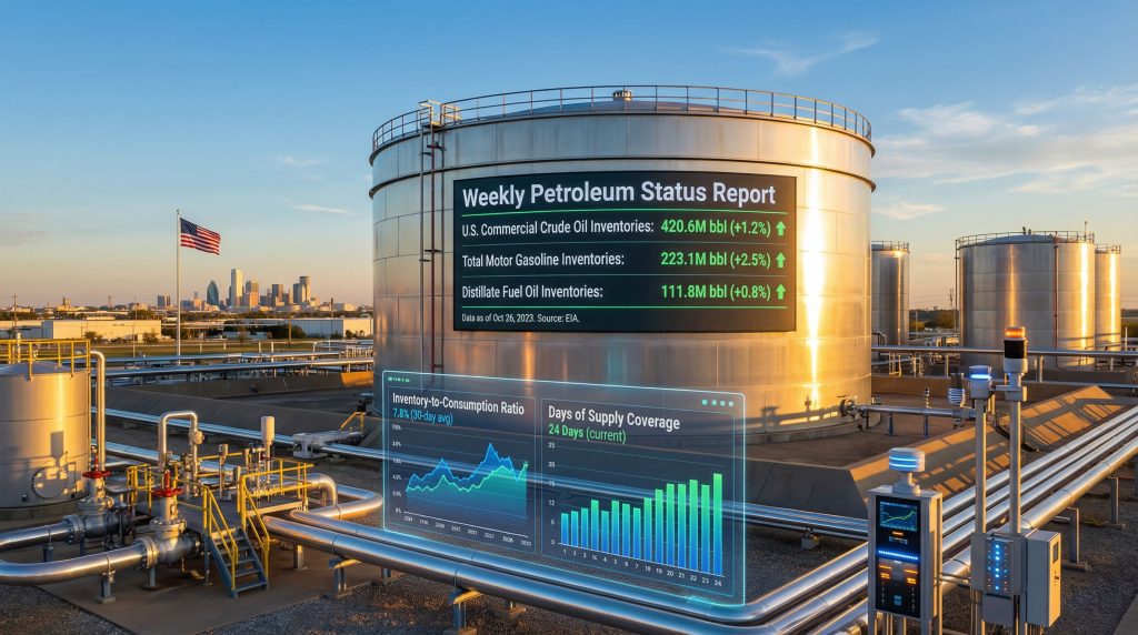 Oil tanks showing U.S. crude stocks update.