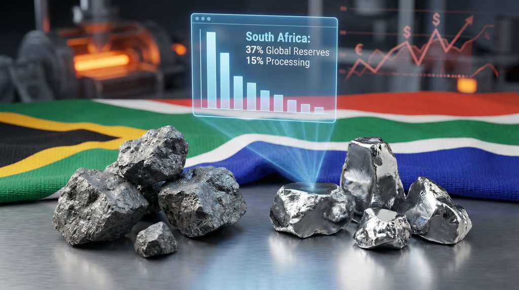 Manganese smelter with graph and flag.