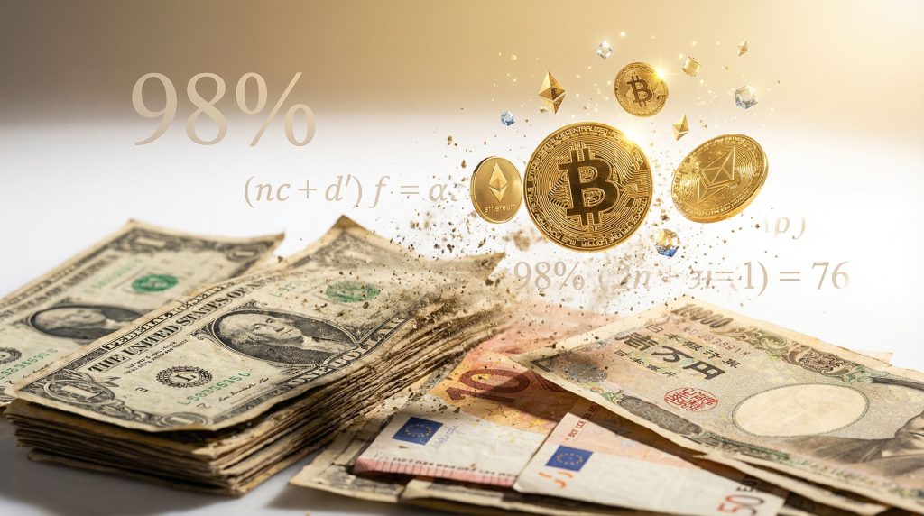 Fiat currency disintegrating into digital coins.