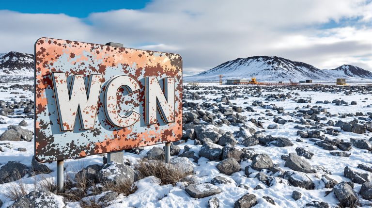 White Cliff Minerals Ltd-WCN-WCN sign in snowy, rocky landscape.