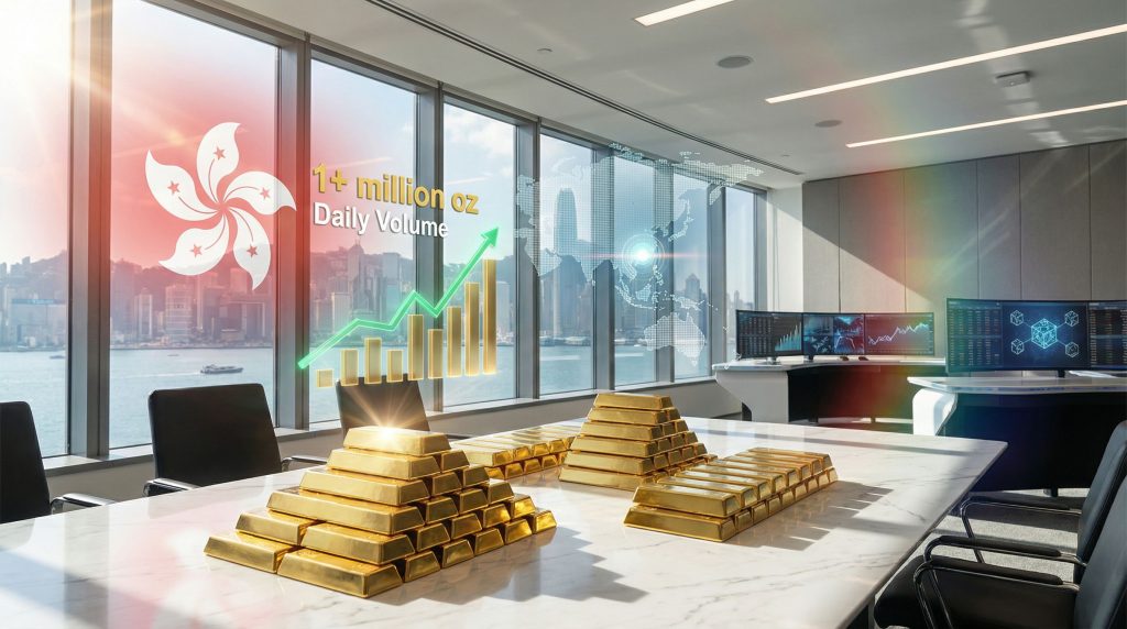 Gold bars and trading monitors in Hong Kong.