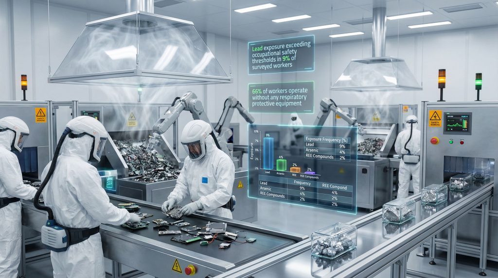 Workers in protective gear handling electronic waste.