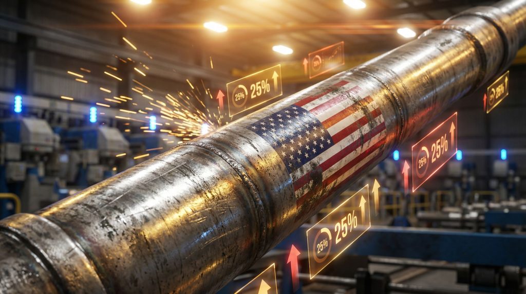 Oil pipeline with U.S. flag and tariffs.
