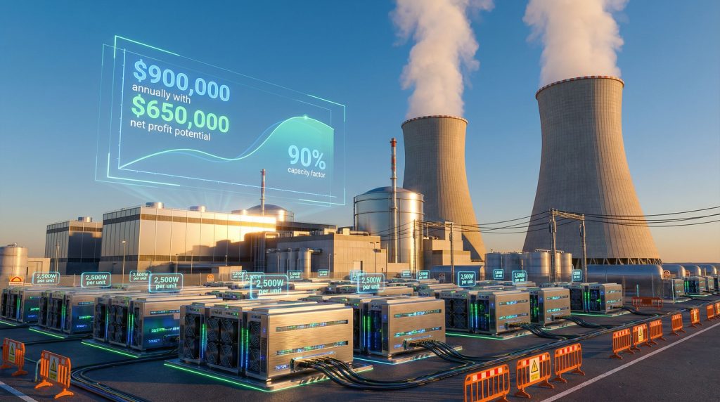 Nuclear plant crypto mining setup illustration.