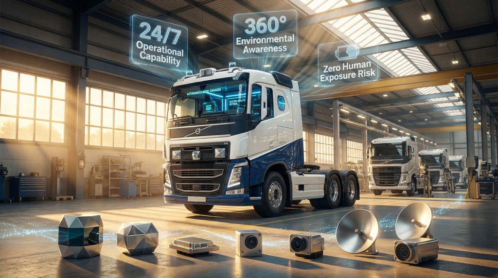 Volvo autonomous mining trucks in warehouse.