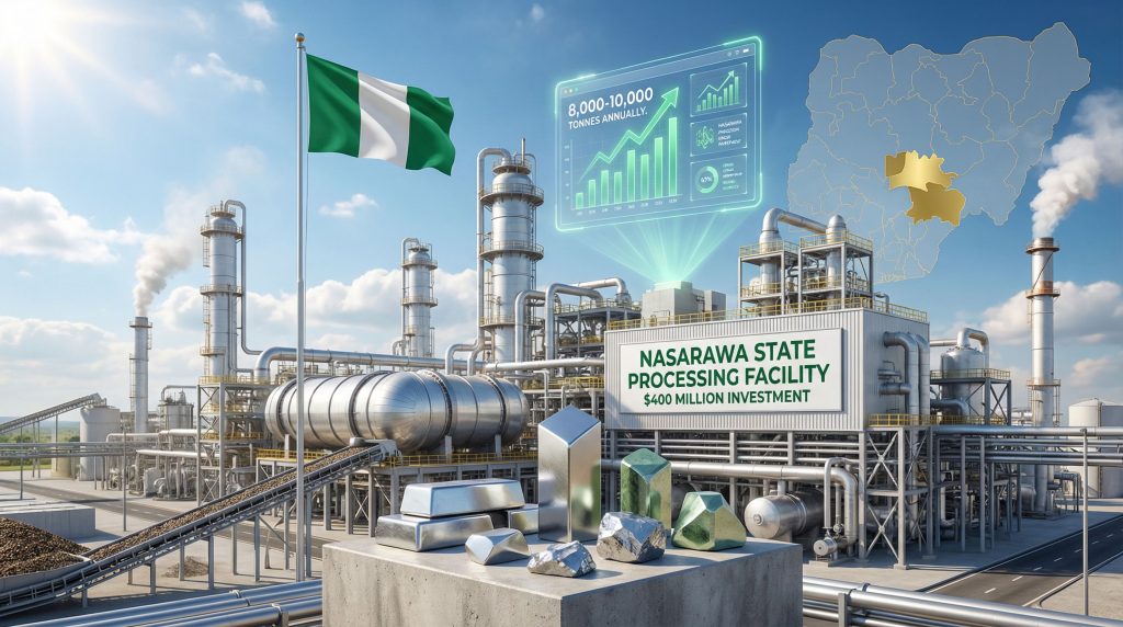Nigeria rare earth processing plant and flag.