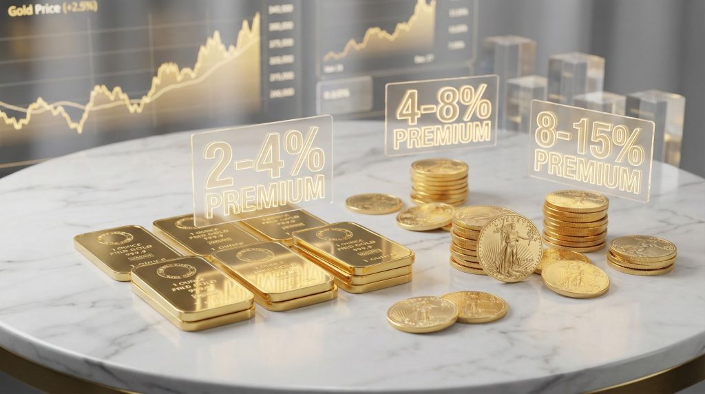 Gold price premiums with bars, coins.
