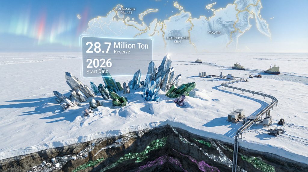 Russia's Arctic mineral consolidation illustrated, mining scene.