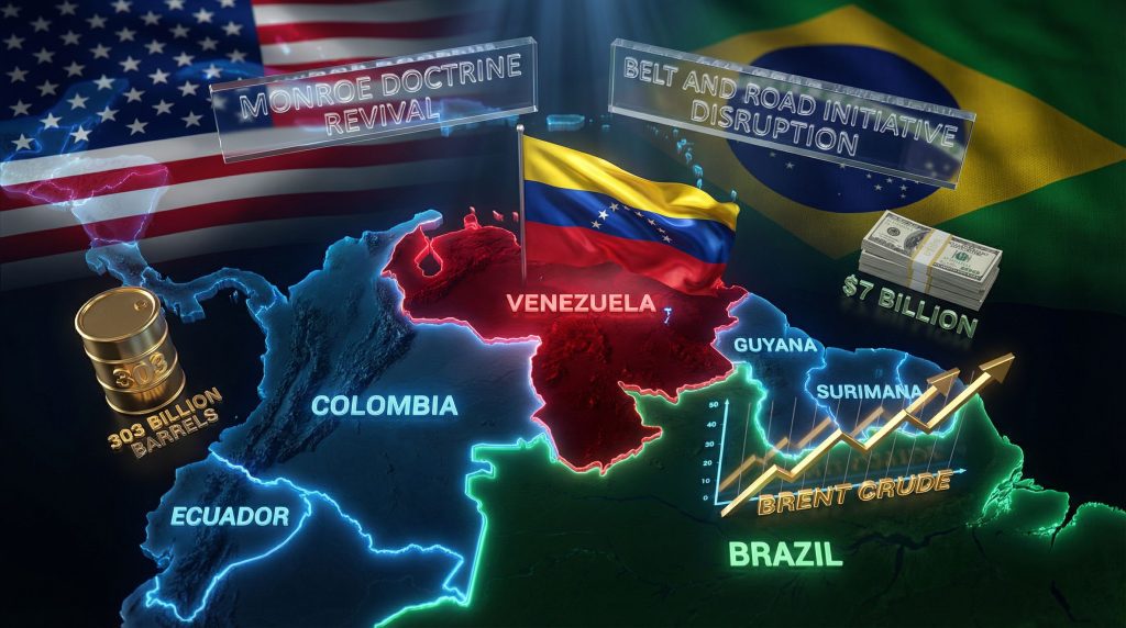 US intervention in Venezuela; geopolitical influences map.