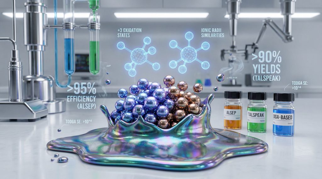 Chemical process, separating actinides from rare earths.