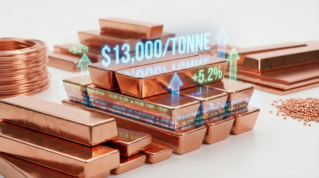 Record copper price depicted with bars.