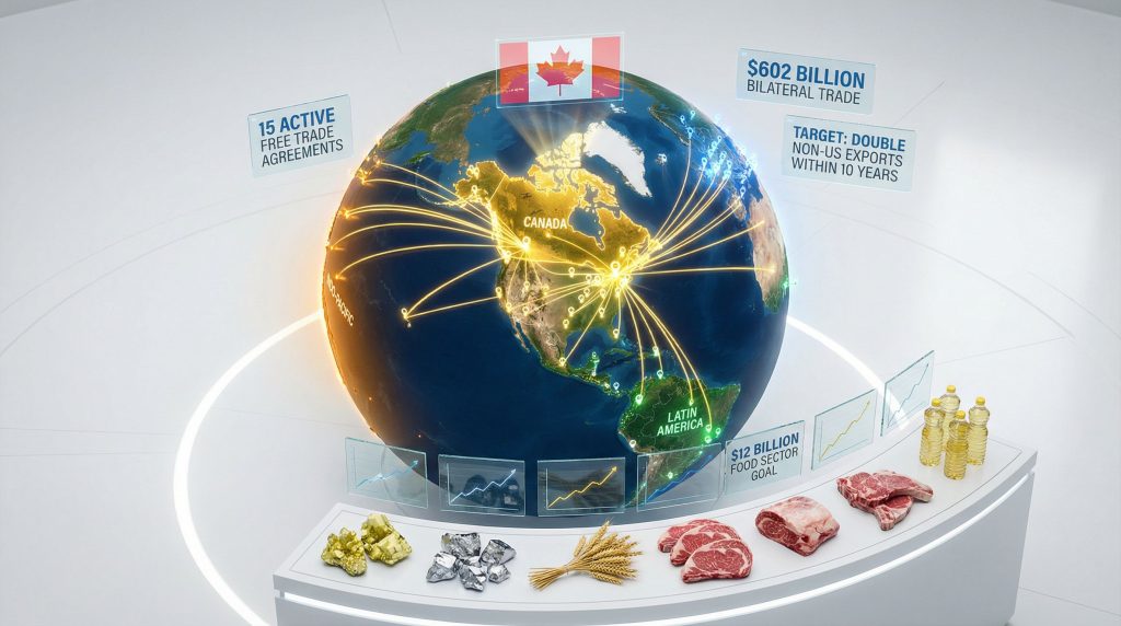 Canada trade diversification strategy visualized on globe.
