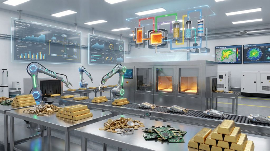 High-tech lab with gold refining machinery.