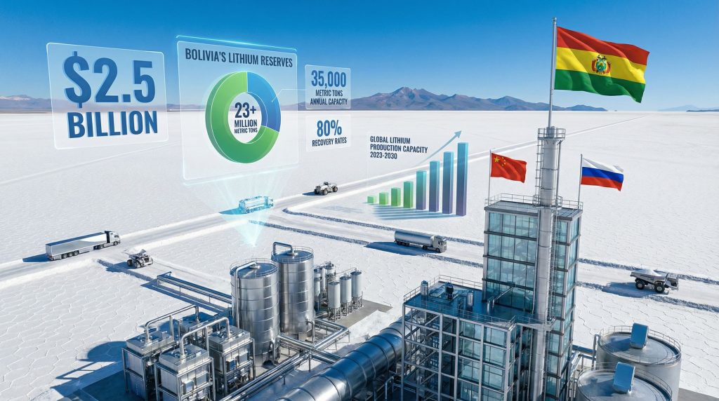 Bolivia lithium energy deals illustrated on salt flats.