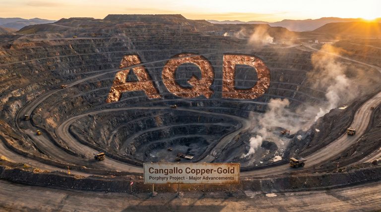 Ausquest Ltd-AQD-Cangallo Copper-Gold mine at sunset.