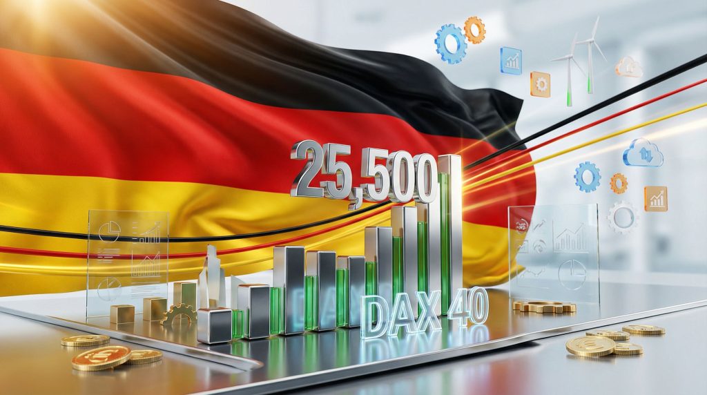 DAX 40 record high with German flag.