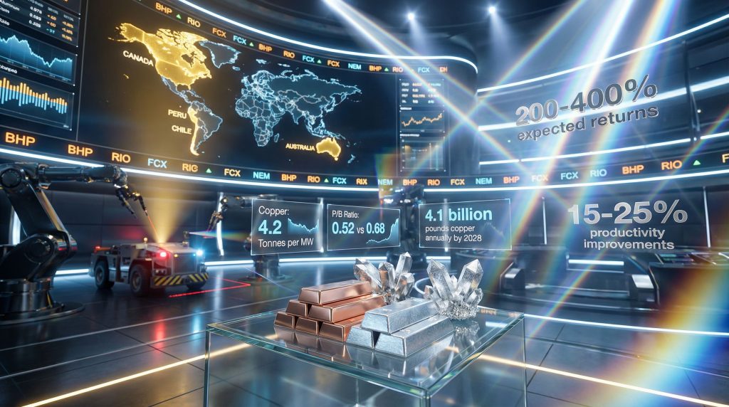 Futuristic mining stocks supercycle visualization.