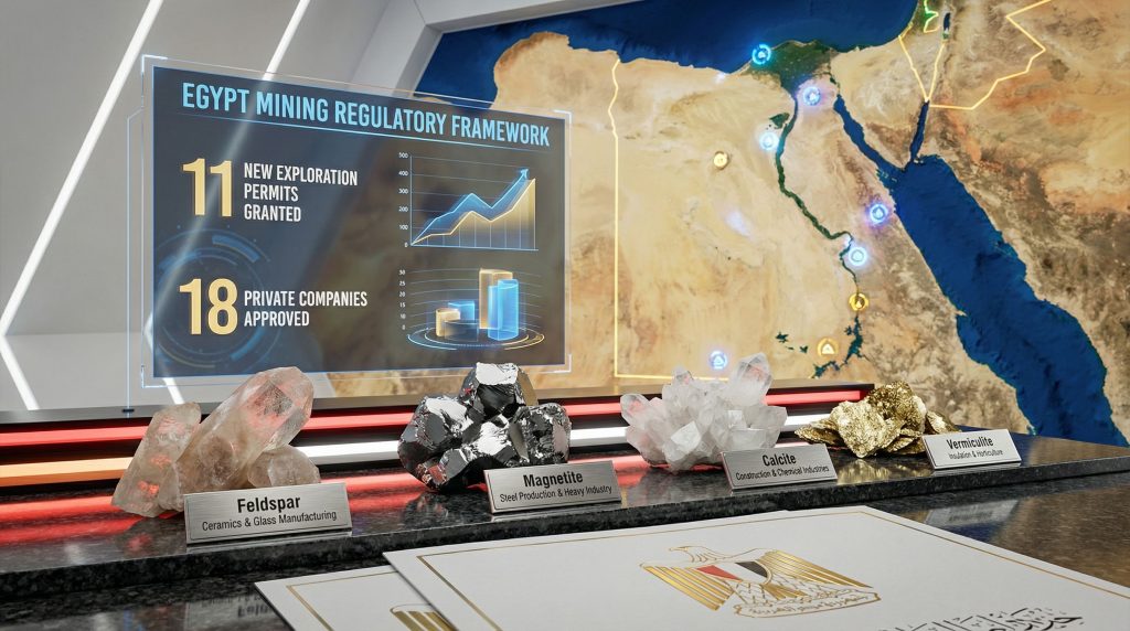 Egypt mining licences approval; minerals displayed.