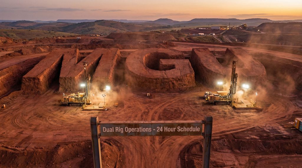 Magnum Mining and Exploration Ltd-MGU-Mining operation with illuminated drill rigs.