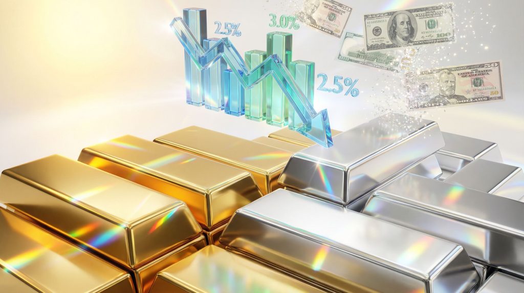 Gold and silver bars with declining chart.